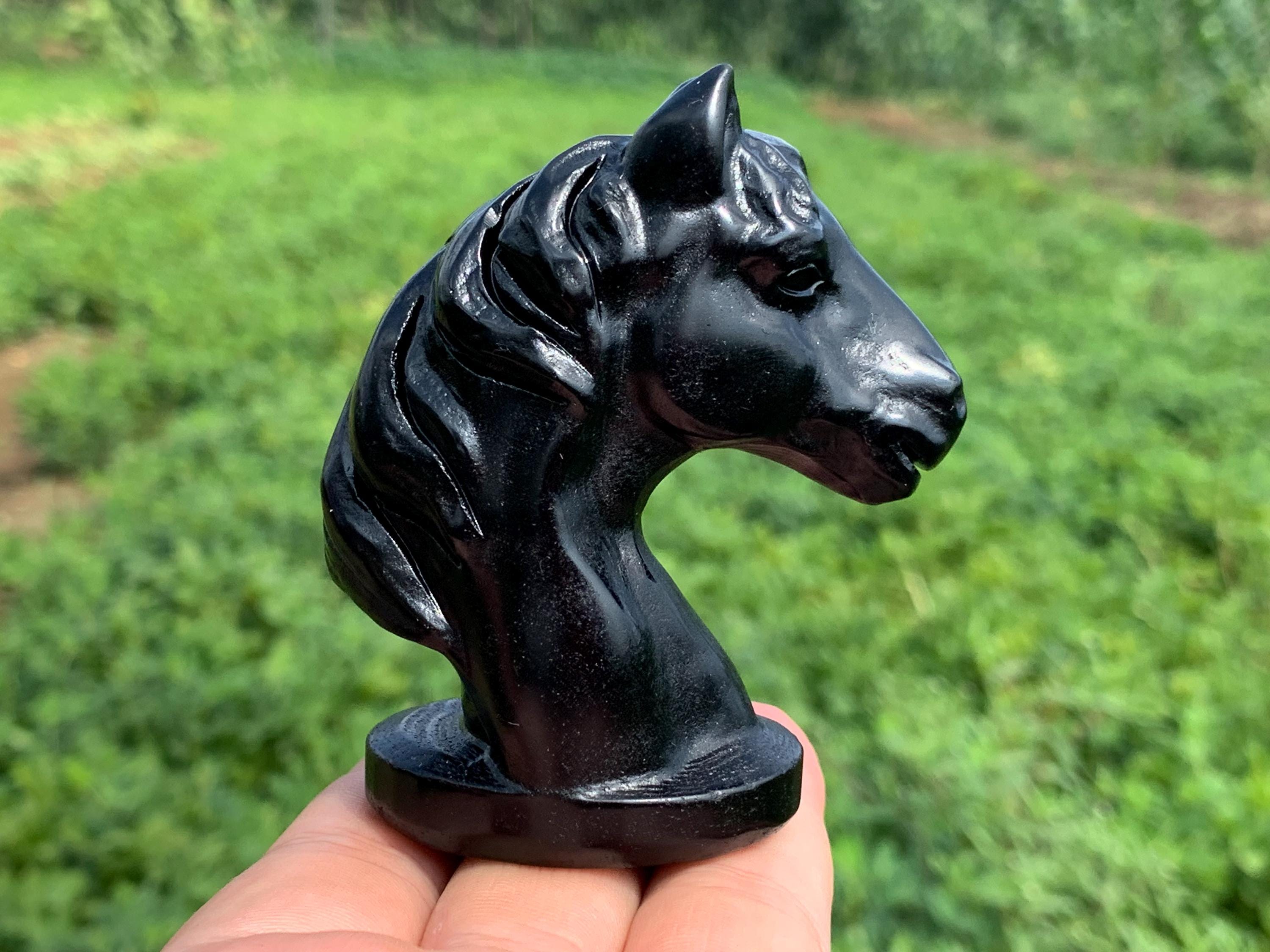 3.1''+天然黒曜石馬の頭蓋骨、水晶、手彫り、水晶馬の頭蓋骨標本、水晶