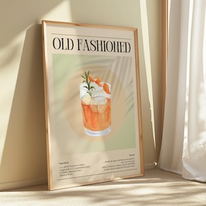 Cocktail Recipe Wall Art, Old Fashioned Art, Classic Cocktail Prints, Bar Cart Decor, Retro Alcohol Poster