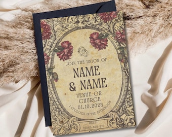 Gothic Vintage Floral Wedding Invitation Save The Date Bundle | Dark Aesthetic Gothic Design | Customisable Canva Digital Template