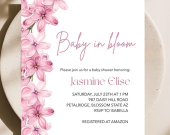Dziecko w rozkwicie – różowe kwiaty – zaproszenie na baby shower | Pobierz natychmiast | Canva Editable