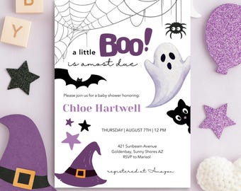 Szablon zaproszenia na Halloween Baby Shower: Upiorny fioletowy bewerkbaar Canva sjabloon (5 x 7 cali)