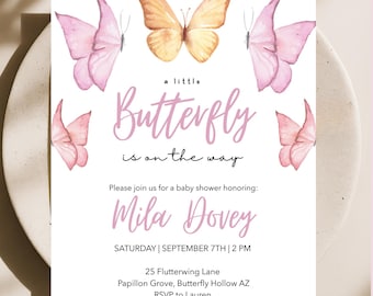 Pink & Gold Butterfly Baby Shower Invitation: bewerkbaar Canva sjabloon (Digital Download)