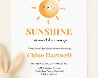 Little Sunshine Baby Shower Invitation: Minimalist Sun Theme ( bewerkbaar Canva sjabloon, Digitale Download)