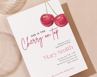 Cherry Baby Shower Invitation Template: bewerkbaar Canva sjabloon (5x7 in, Digital Download