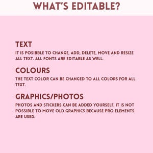 May include: A pink graphic with the text "WHAT'S EDITABLE?" in brown. The text explains that text, colors, and graphics/photos can be edited. Text can be changed, added, deleted, moved, and resized.