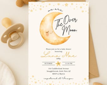 Szablon zaproszenia na baby shower Over the Moon: bewerkbaar Canva sjabloon