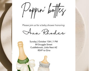 Zaproszenie na Baby Shower - Poppin' butelki bewerkbaar sjabloon, Digitale Download, szampan Baby Invite