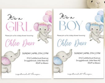 Zestaw zaproszeń na baby shower Olifant: bewerkbaar Canva sjabloon (pobieranie cyfrowe)