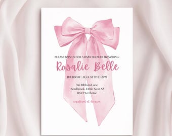 Szablon zaproszenia na baby shower z różową kokardką: bewerkbaar Canva sjabloon (pobieranie cyfrowe)