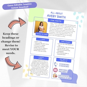 All About Me Template: Back to School Special Needs Info (Canva Editable, Digital Download)