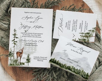 Rustic Watercolor Forest Wedding Invitation, Woodland Deer Wedding Invitation Suite, Outdoor Wedding Invitations Printable