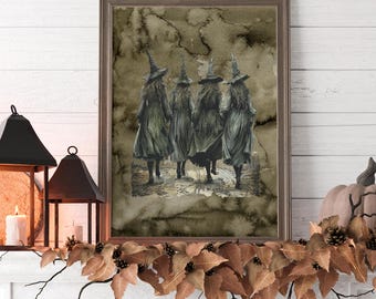 Vintage Witches Halloween Witch Wall Art, Gothic Forest Print, Witch decor