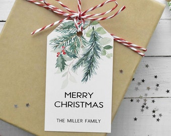 Étiquette cadeau de Noël, étiquette cadeau de Noël, étiquettes de houx et de pin de Noël Étiquettes cadeaux IMPRIMÉES avec ficelle, étiquettes cadeaux de Noël