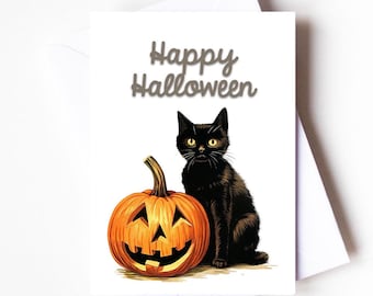 Black Cat Halloween Greeting Card Folded, Pumpkin, Blank A6 Card with Envelope