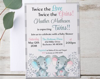 Rustic Baby Shower Invitation, Elephant Baby Shower Invitation, Twin Baby Shower invitation, printable invitations baby shower peanut