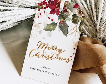 Holly & Lights Christmas Gift Tag, PRINTED Gift Tags with string, Personalized Holiday Gift Tags, Custom Tags, Gift Wrap Tags