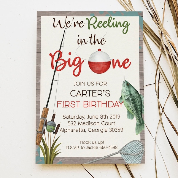 Fishing Birthday Invitation Template, Reeling Big One, Trout Party Any Age, (Digital File)