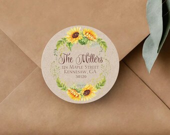 Sunflower Return Address Labels, Wedding Envelope Stickers, 2 Inch Circle (Printed)