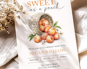 Bridal Shower Invitation, Sweet as a Peach Invite, Summer Wedding, Elegant Peach Theme, Farm (Digital Download Available)