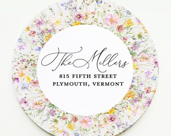 Wildflower Return Address Labels, Custom Wedding Envelope Stickers, 2 Inch Circle (Printed)
