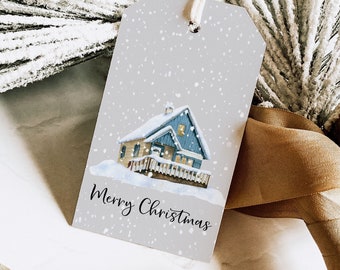 Christmas Gift Tag, Cozy Blue Cabin Christmas gift tag, Winter Holiday Gift Tags, PRINTED Gift Tags with string