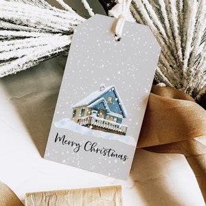 Christmas Gift Tag, Cozy Blue Cabin Christmas gift tag, Winter Holiday Gift Tags, PRINTED Gift Tags with string image 1