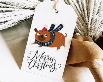 Pug Dog Christmas Gift Tag, Christmas gift tag, Gift Tags with string, Pet Holiday Gift Tags