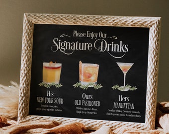 Signature Drink Sign Wedding PRINTED, Signature Drinks Sign, Signature Cocktail Sign, Bar Menu Sign, His and Hers Drinks, Bar Sign