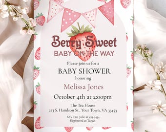 Strawberry Baby Shower Invitation Girl, Berry Sweet Theme (Digital Download)