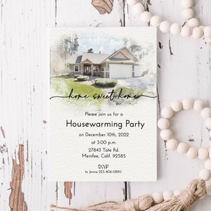 Uitnodiging aquarel housewarmingfeest, custom huis portret, gepersonaliseerde uitnodiging