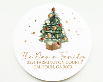 Christmas Tree Return Address Sticker, 2 Inch Circle Return Address Label, Stationery, Envelope Sticker, Envelope Seal