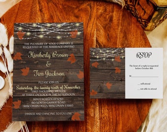 Rustic Fall Wedding Invitation Suite, Barn Theme and Hanging Lights Wedding Invites, Wedding Invitations Full Suite