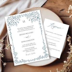 Something Blue Wedding Invitation Suite, Floral Wedding Invite, Elegant Wedding with RSVP, Info Cards, Printed with Envelopes