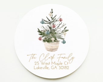 Christmas Tree Return Address Sticker, 2 Inch Circle Return Address Label, Stationery, Woodland Winter Sticker, Christmas Envelope Sticker