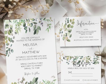 Eucalyptus Greenery Wedding Invitation Set, Botanical Watercolor Garden, Outdoor, RSVP