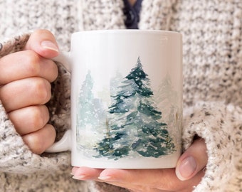 Watercolor Winter Tree Ceramic Coffee Mug, Holiday Gift