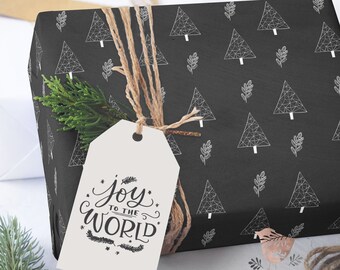Modern Black Christmas Wrapping Paper, Chalk Tree Print, 5 Sheets