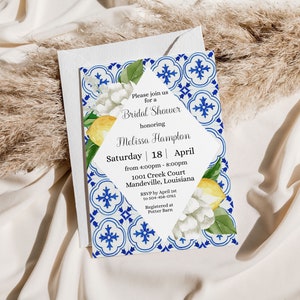 Lemon Mediterranean Bridal Shower Template Lemon Bridal Shower Invitation Editable File, Instant Download, Blue Tile White Flowers image 3