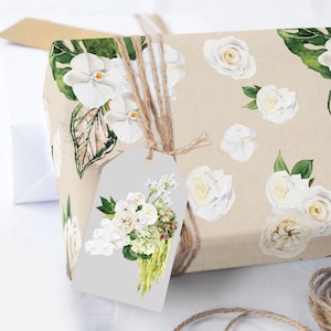 White Flowers and Greenery Wedding Wrapping Paper Sheets, Bridal Shower Wrapping Paper Roll