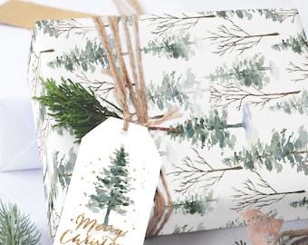 Christmas Wrapping Paper Roll, Watercolor Woodland Trees Wrapping Paper Sheets, Gift Wrap,