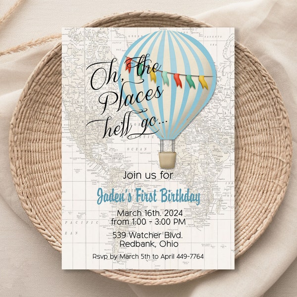 Oh the Places He'll Go Baby Shower Invitation Template, Hot Air Balloon Travel Baby Shower Boy, Map, Instant Download,