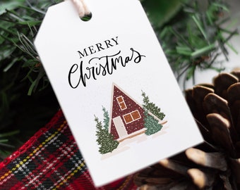 Christmas Gift Tag, Cozy Home Woodland Rustic Christmas gift tag, PRINTED Gift Tags with string