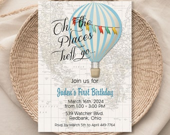 Oh the Places He'll Go Baby Shower Invitation Template, Hot Air Balloon Travel Baby Shower Boy, Map, Instant Download,