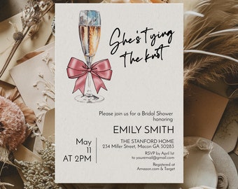 Champagne with pink bow Bridal Shower Invitation Template, Wedding Shower, Tying the Knot, Instant Download (Printable)