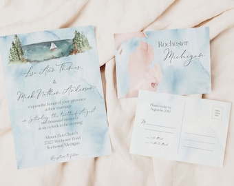 Watercolor Lake Michigan Invitation Suite, Destination Map Wedding Invitation, Summer Wedding, Lake Wedding, Outdoor