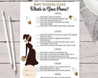 Gender Neutral Baby Shower What's In your phone game printable, Pregnant Mom, Diaper Pins, Instant Download, Cell Phone Game