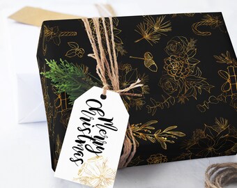 Black and Gold Floral Wrapping Paper, Thick Gift Wrap (5 Sheets)