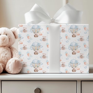 Hot Air Balloon Bear Wrapping Paper, Baby Shower Gift Wrap, 5 Luxury Sheets