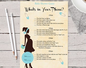 What's In your phone Game Printable, Boy Baby Shower Cell Phone, rustic, diaper pins, pregnant mom, instant download, digital file