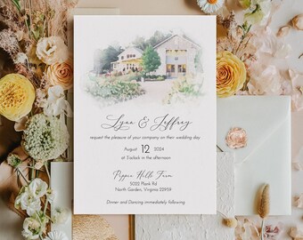 Watercolor Venue Painting Wedding Invitation, Illustration Wedding Invitation Suite